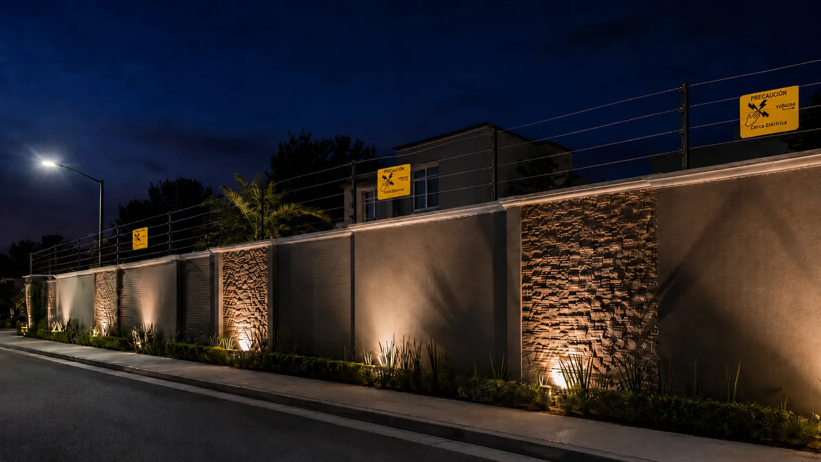 Cerca electrificada encendida de noche sobre una barda con acabado de piedra iluminada, con letreros amarillos de precaución a lo largo del perímetro