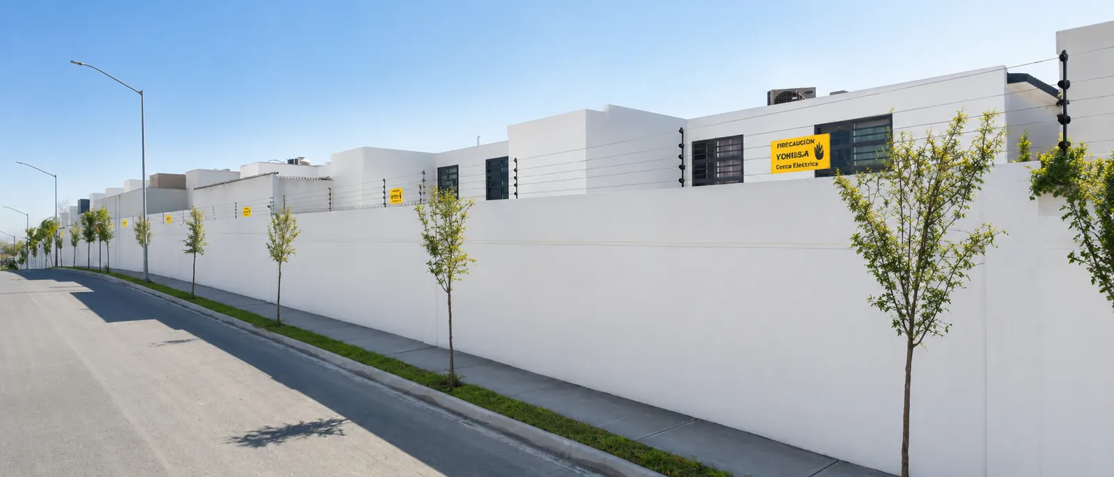 Barda blanca con cerca electrificada de seis hilos recorriendo toda una calle residencial en Monterrey