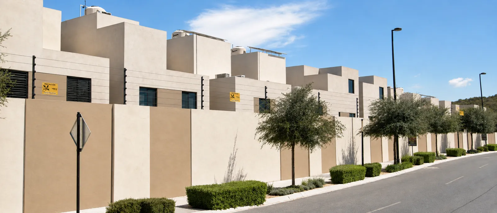 Cerca electrificada de seis hilos en el perímetro de un fraccionamiento residencial del área metropolitana de Monterrey